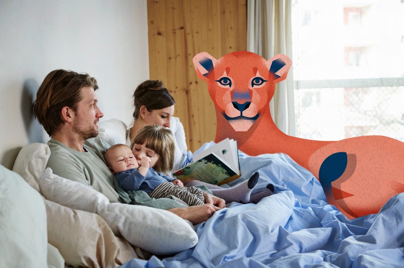 Familie mit Löwin Smaleo im Bett