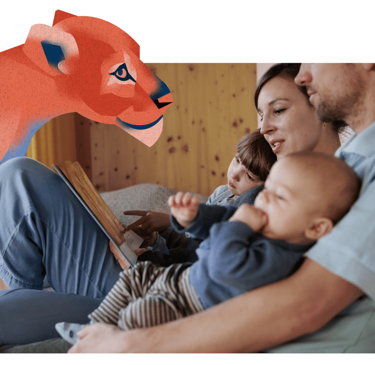 Familie mit Löwin Smaleo auf Couch